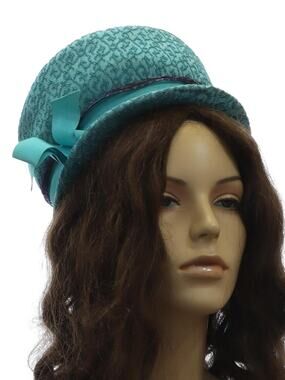 Vintage 1960s Lenhar Turquoise Textured Pillbox Hat Bow Accent 6.5